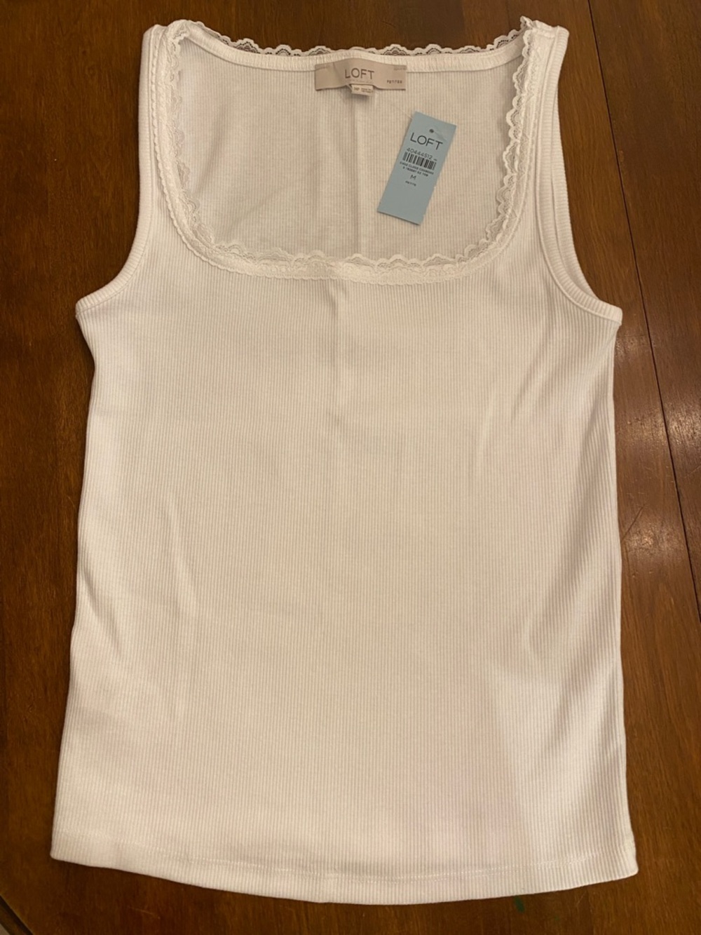 LOFT White Ribbed Tank with Lace Trim NWT